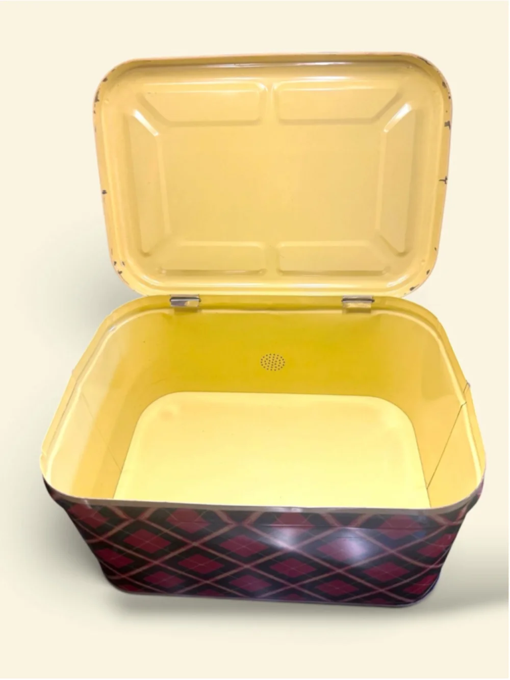 Vintage 1950s Tartan Plaid Metal Bread Box Red Green Yellow Mid Century Kitchen